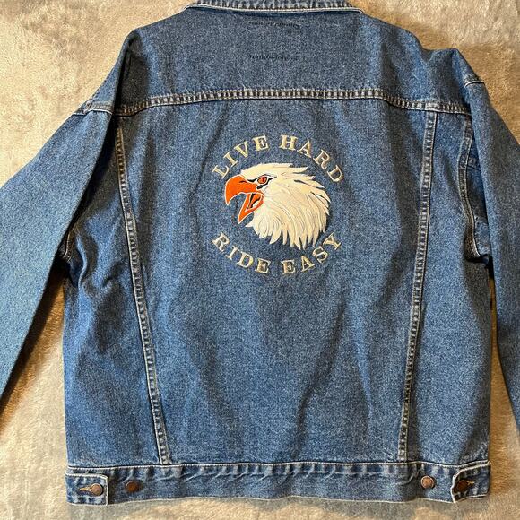 Harley Davidson Vintage Jacket Size 2XL 90S Denim Live Hard Ride Free Bald Eagle - Picture 6 of 8